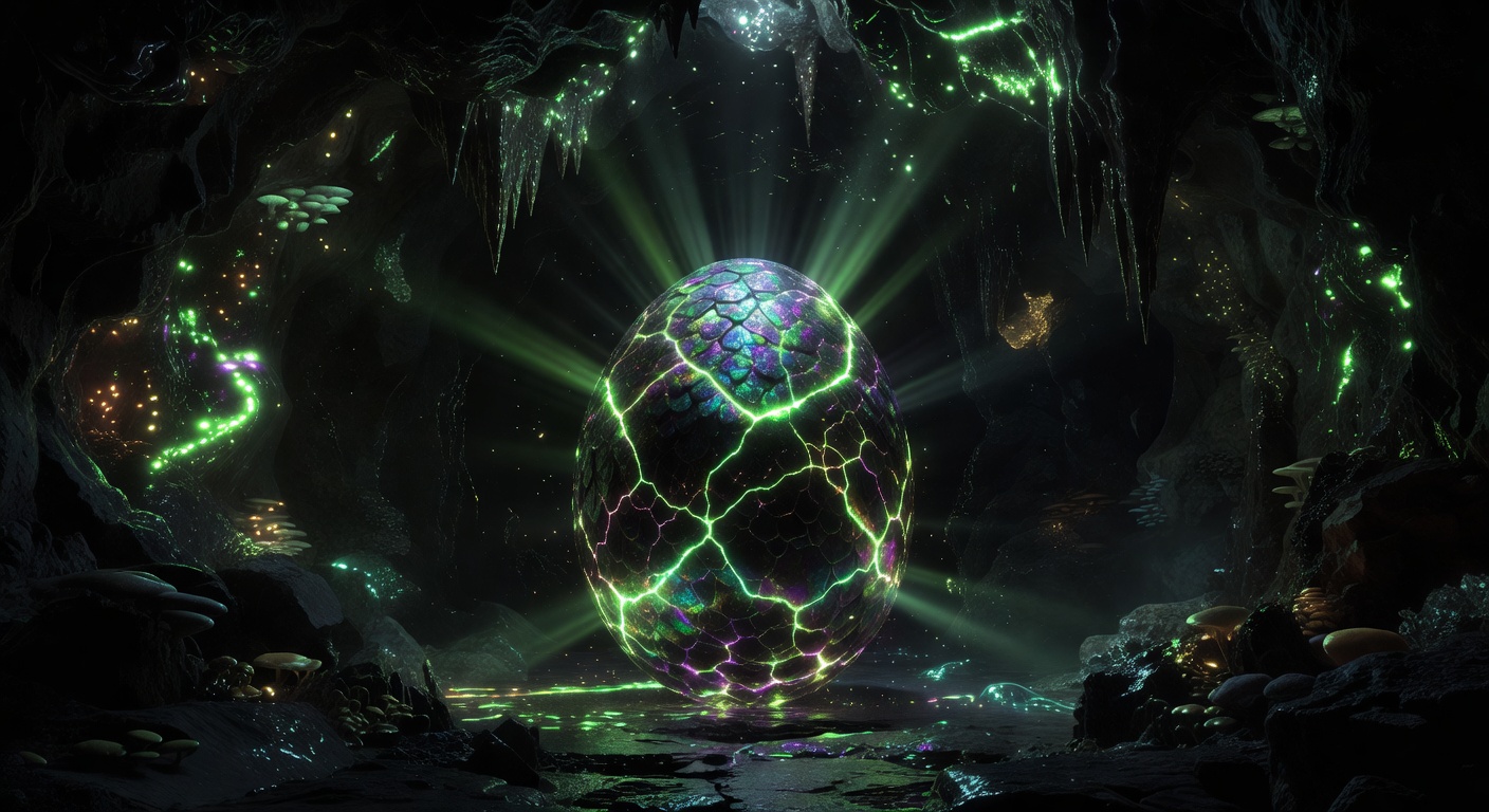 Glowing dragon egg in a dark fantasy cave radiating intense neon green and purple energy cracks